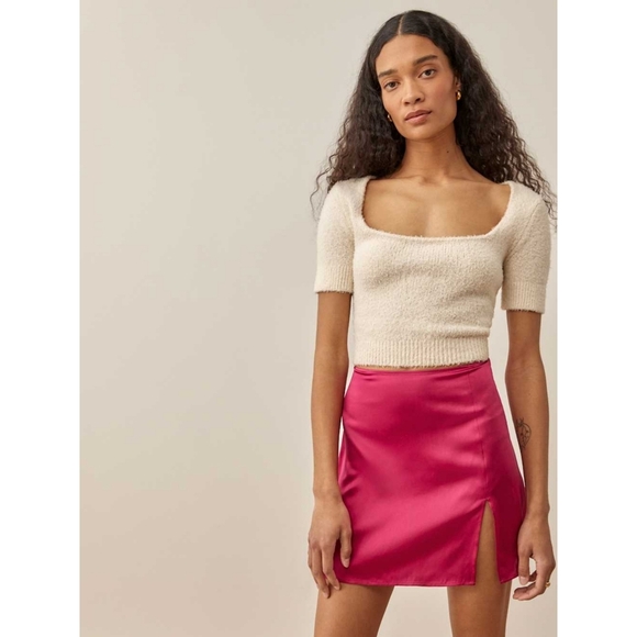 NWT REFORMATION Robbie 100% Silk Skirt Rhubarb Pink Slit 0 - Picture 3 of 12